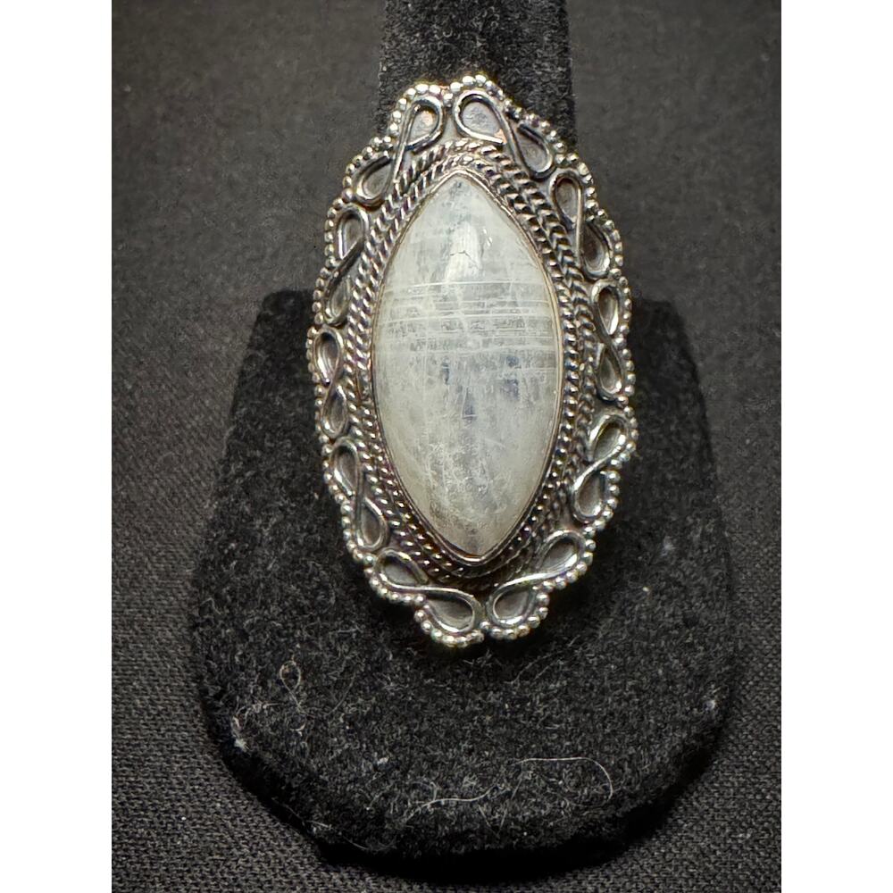 Vintage 925 Silver Large Marquise Shaped Moonstone Ornate Band Size 7